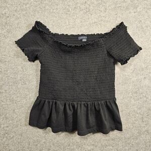 American Eagle Smocked Ruffle Crop Top Small Scoop Boatneck Short Sleeve Black